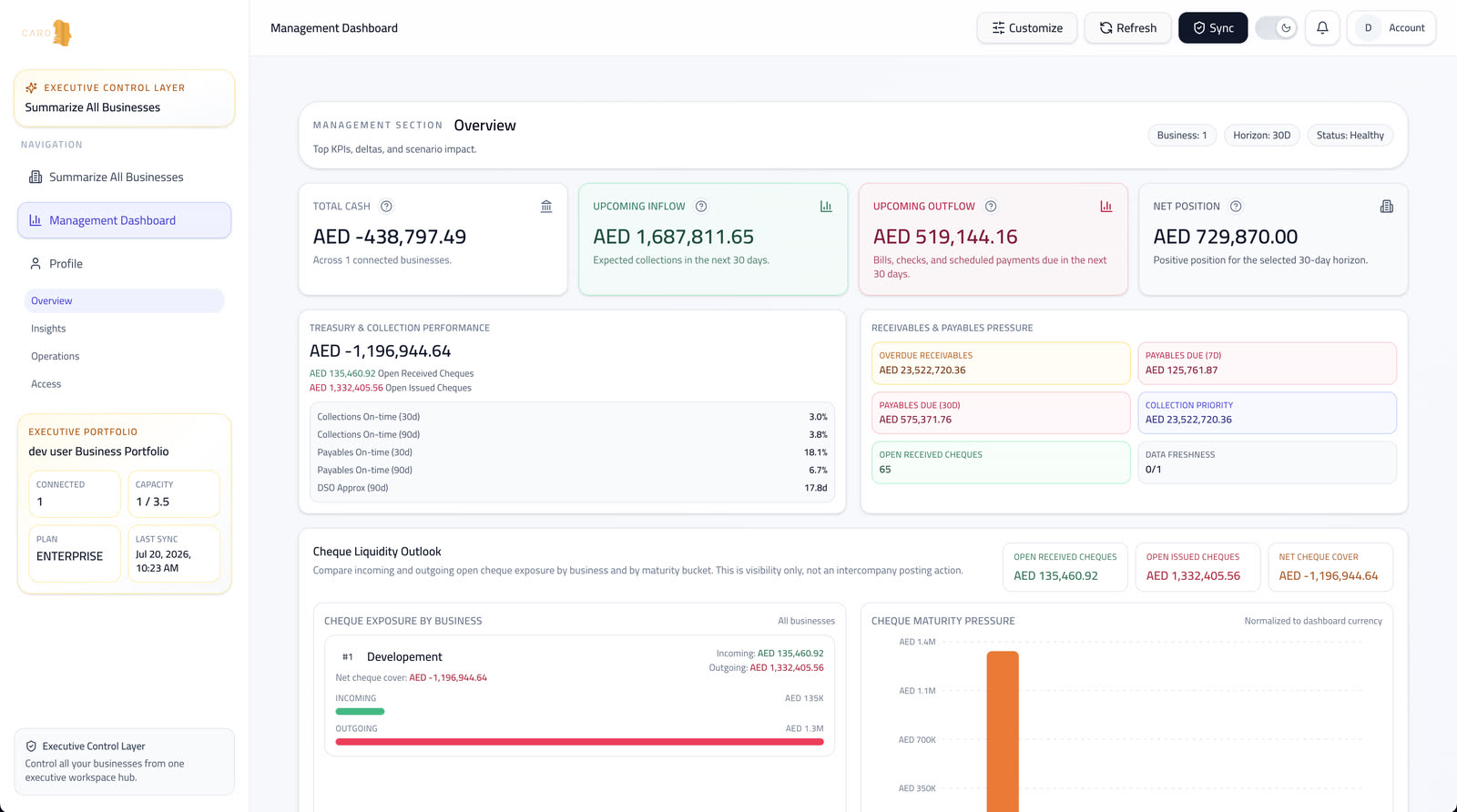CaroVise Management Dashboard with cross-business cash, inflow, outflow, receivables, payables, and cheque liquidity metrics